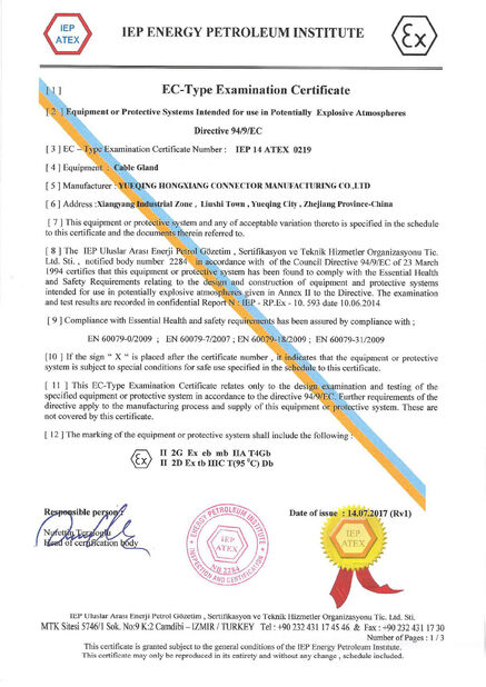 Chiny ZHEJIANG HONGXIANG CONNECTOR MANUFACTURING CO.,LTD. Certyfikaty